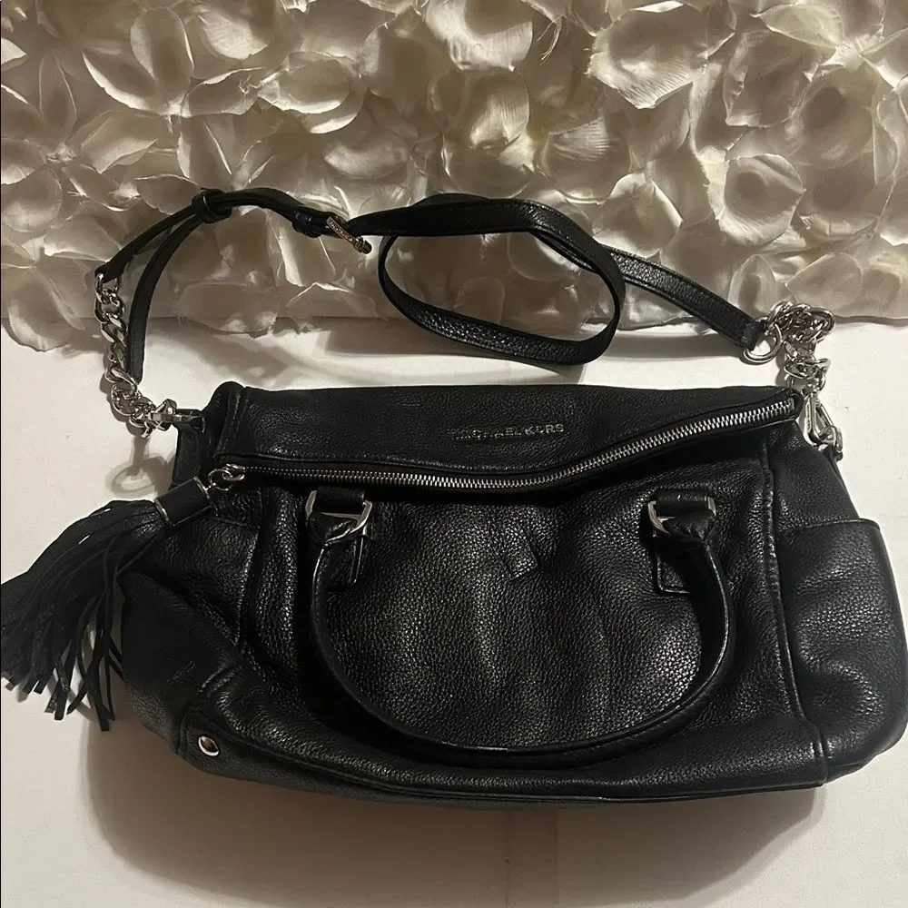 Michael Kors Black Pebbled Leather Shoulder Bag with Silver Hardware